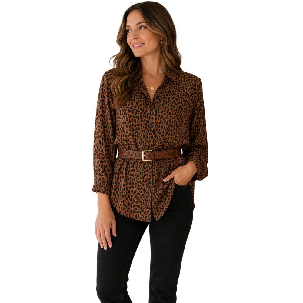 Mondi Vintage Animal Print Blouse Matching Leather Belt Shoulder Pads Size 38